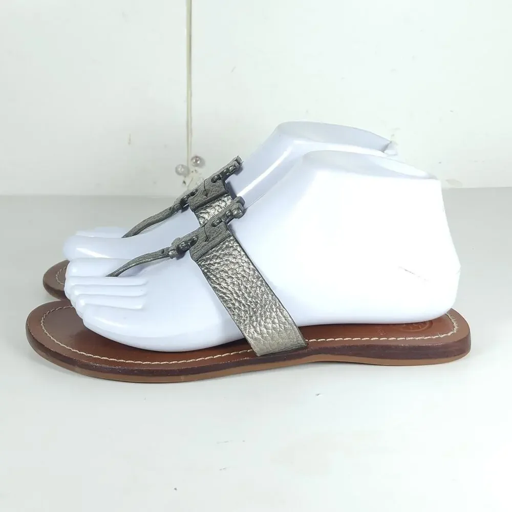Tory Burch Women's Moore US 7M Metalic Pewter Leather SlipOn Flat Thong Sandals